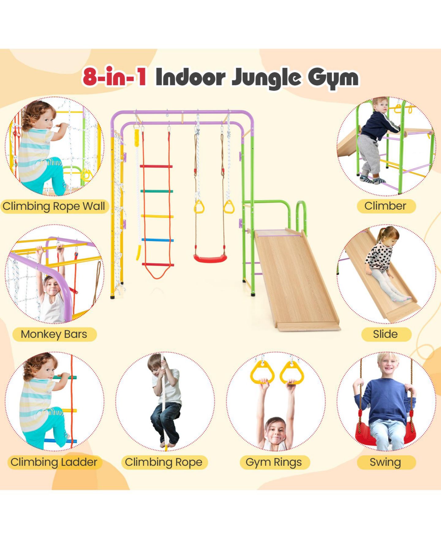Детский игровой набор HONGGE 8-in-1 Metal Indoor Jungle Gym Playset with Monkey Bars, Climbing Wall, Slide & Swing, Ages 3+ — фото 6