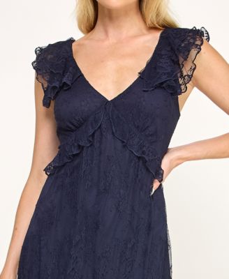 Juniors' V-Neck Ruffle Bust Lace Midi Dress