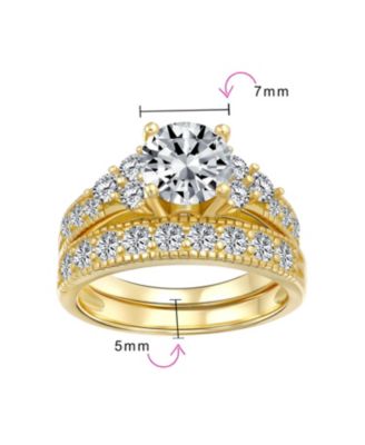 3CT Round Solitaire Side Stones Pave CZ Cubic Zirconia Promise Band Ring Set Gold Plated Silver