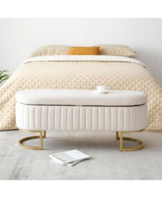 Velvet Oval Upholstered Storage Bench with Golden Metal Legs, 50" Beige