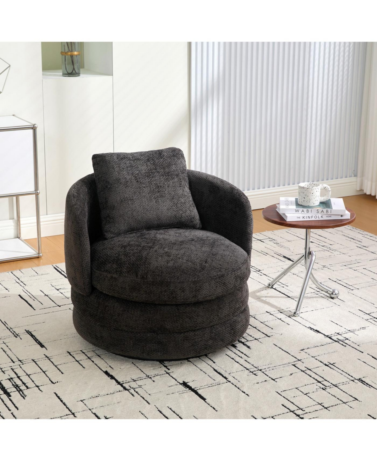 Streamdale F;urniture Streamdale 30"W Modern Round Swivel Barrel Chair with Pillow, Dark Gray