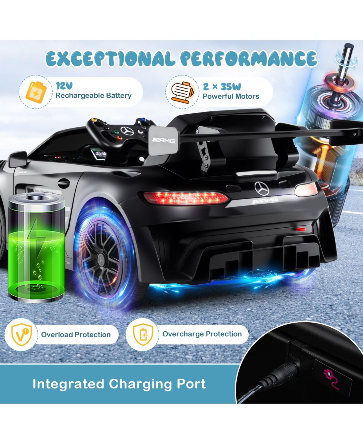 Детская игрушка HONGGE 12V Licensed Mercedes-AMG GT3 Ride-On Car with Remote Control and Adjustable Speed, Ages 3-8, цвет: Чёрный — фото 9