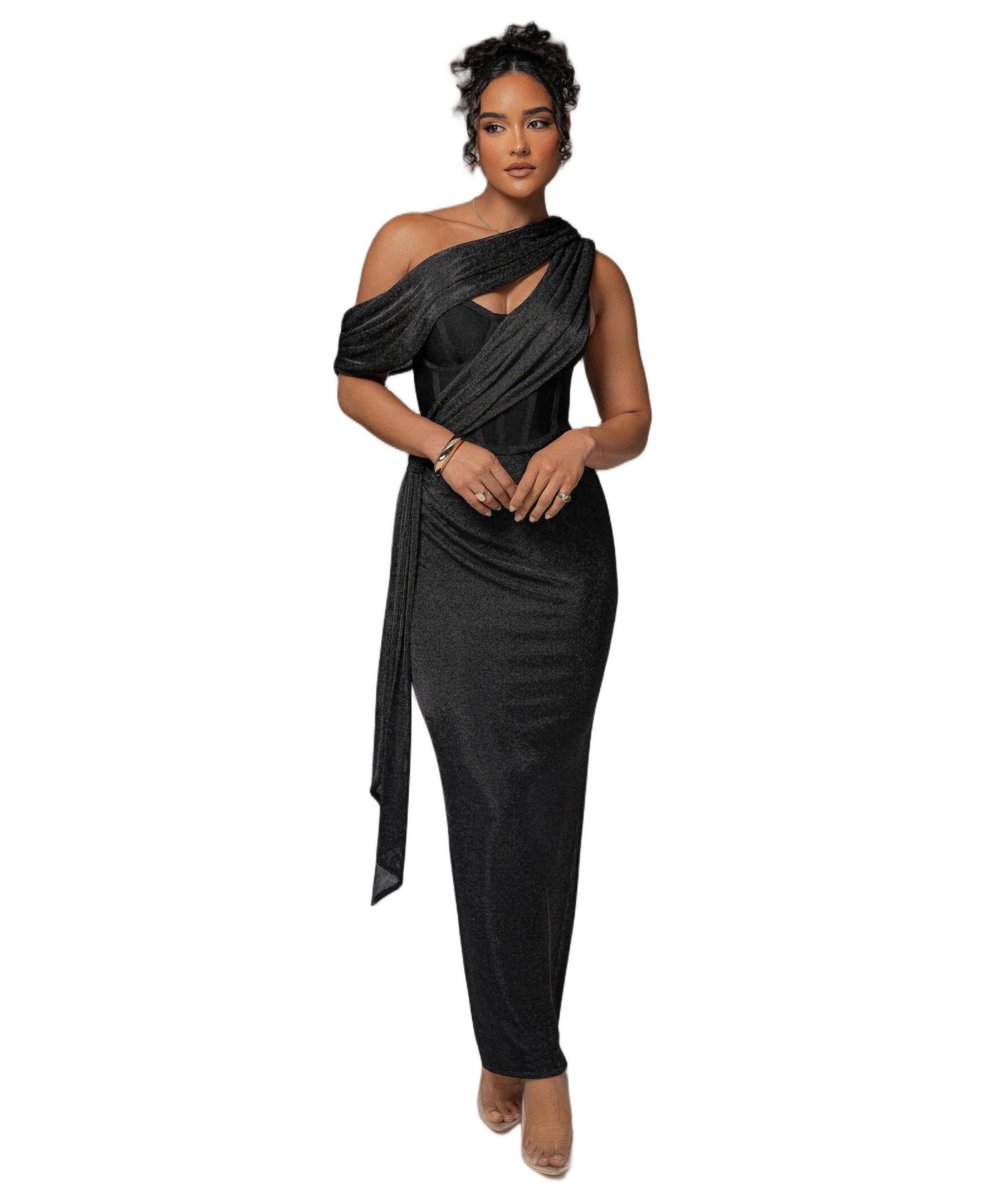 Женское платье JLUXLABEL Metallic Celestina Draped Maxi, цвет: Чёрный — фото 1
