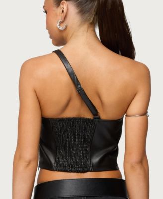 Womens Asymmetric Cutout Faux Leather Top