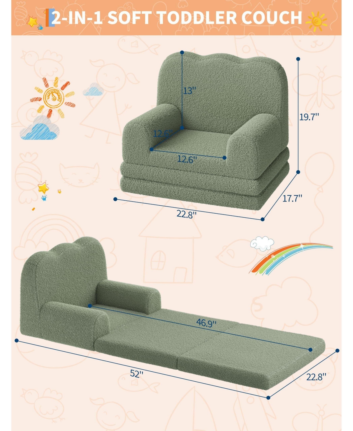 gaomon Kids Couch, 2-in-1 Convertible Teddy Fleece Fabric Toddler Sofa Chair, Soft Fold Out Couch Lounger for