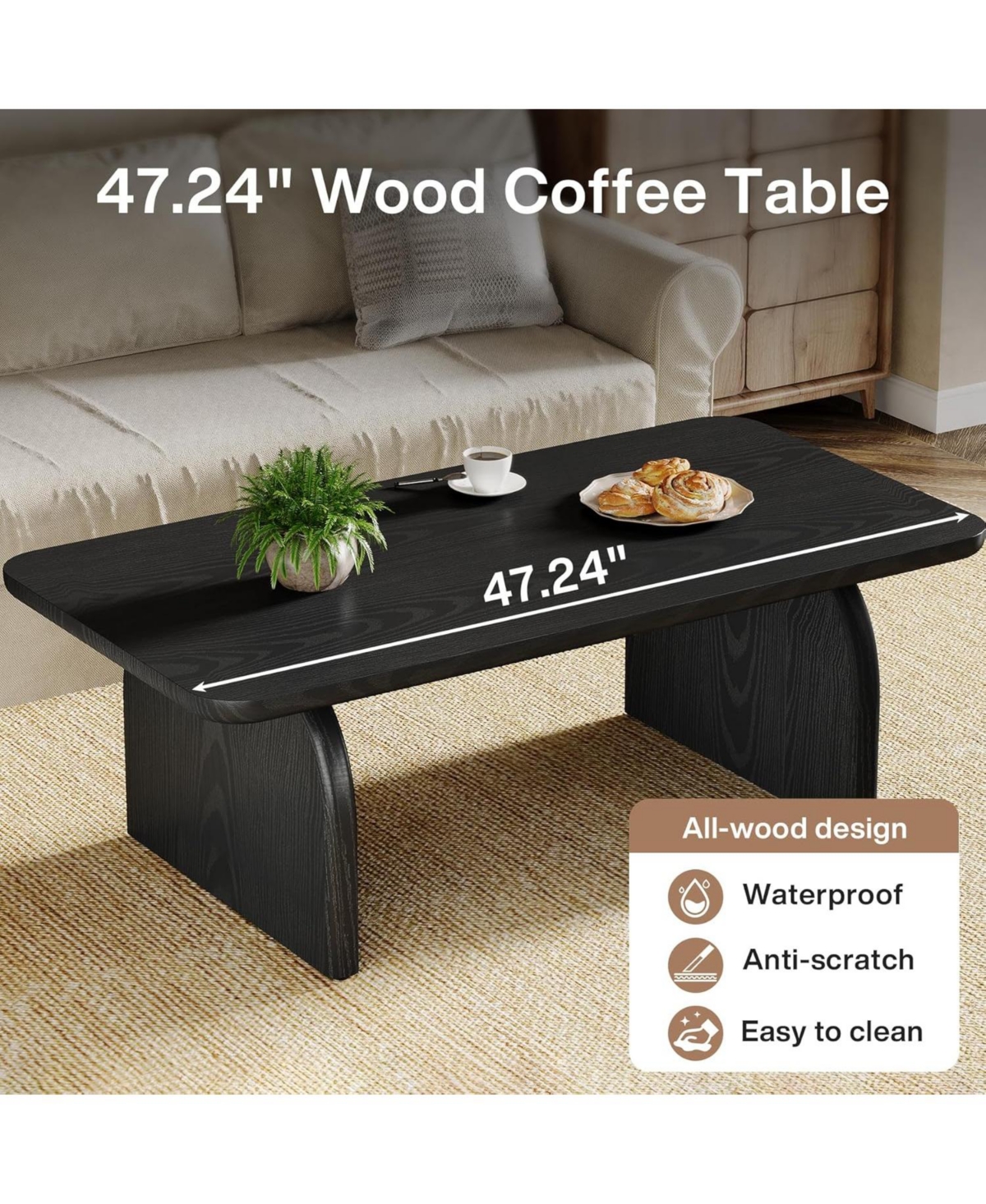 Tribesigns Rectangle Coffee Table, 47-Inch Wood Rectangular Living Room Table