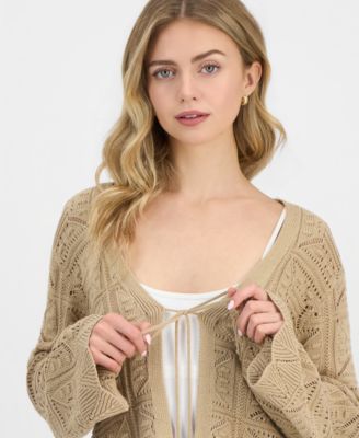 Juniors' Tie-Front Crochet-Look Cardigan Sweater