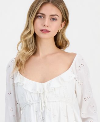 Juniors' Long-Sleeve Eyelet Woven Top