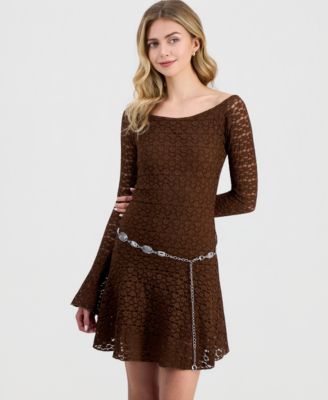 Juniors' Lace Long-Sleeve Mini Dress