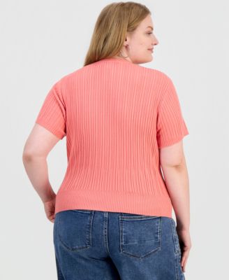 Trendy Plus Size Short-Sleeve Ribbed V-Neck Cardigan