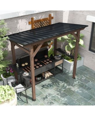 8.6x5 FT Cedar Wood & Galvanized Steel Roof Gazebo with Shelves Umbrellas Canopies & Awnings