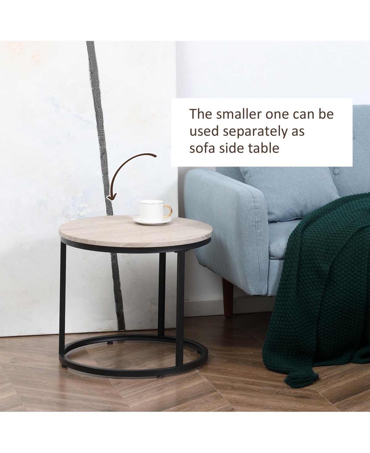 Round Nesting Coffee Table Set of 2 Stacking Accent Tables Living Room, Grey