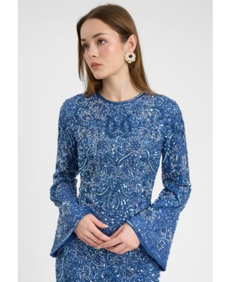 Women's Modest Embellished Sequin Beaded Dress Maxi With High Detailed Work