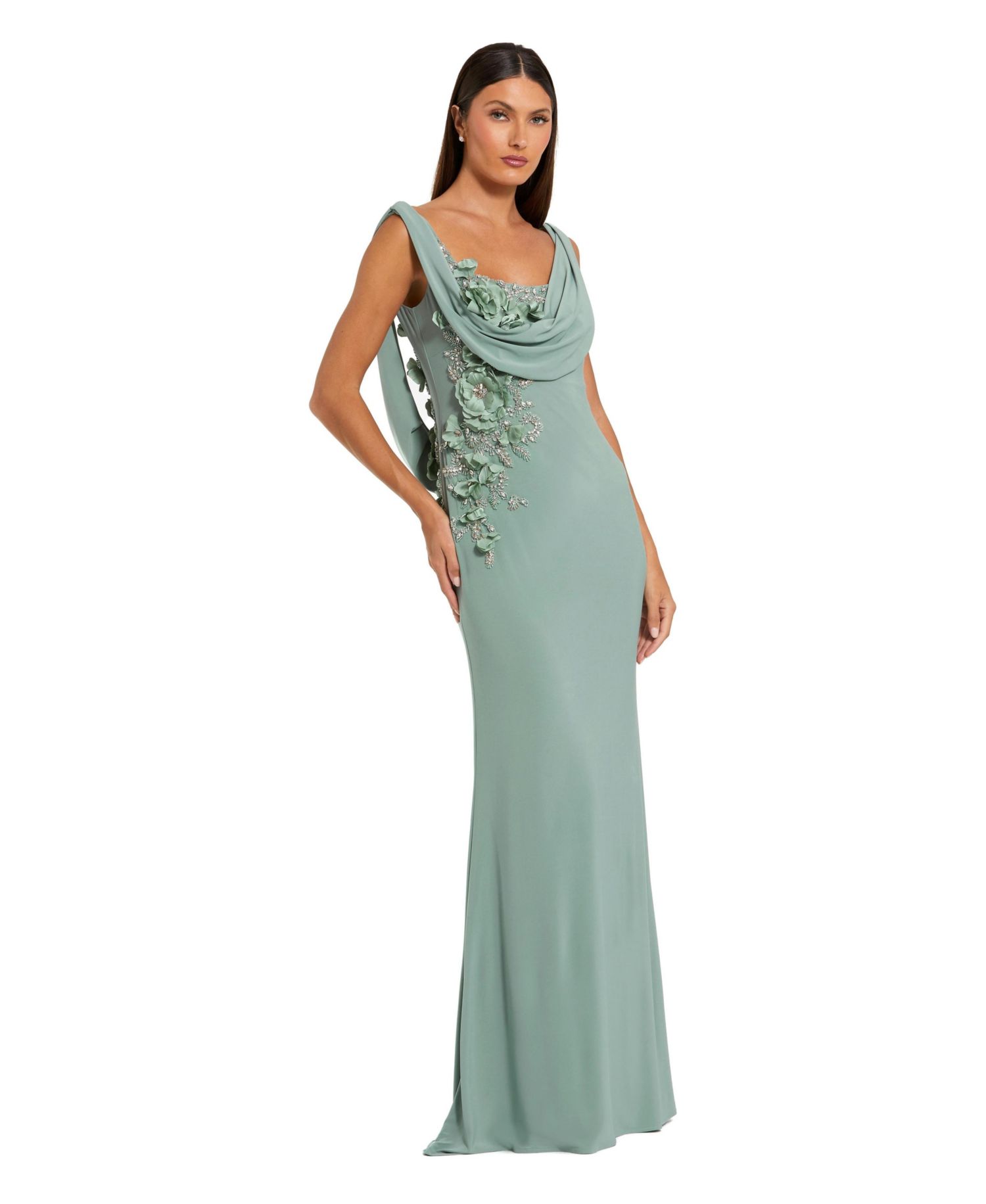 Women's Sleeveless Jersey Cowl Neck Gown With Beading