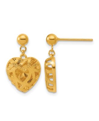 Heart Dangle Drop Earrings 24k Yellow Gold