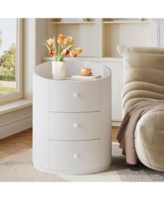 White Round Nightstand, Wood Bed Side Table with 3 Drawers, Fully Assembled