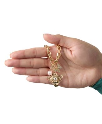 Charm Cluster Bee Necklace, Gold Tone with Crystal Butterfly & Pearl Accents