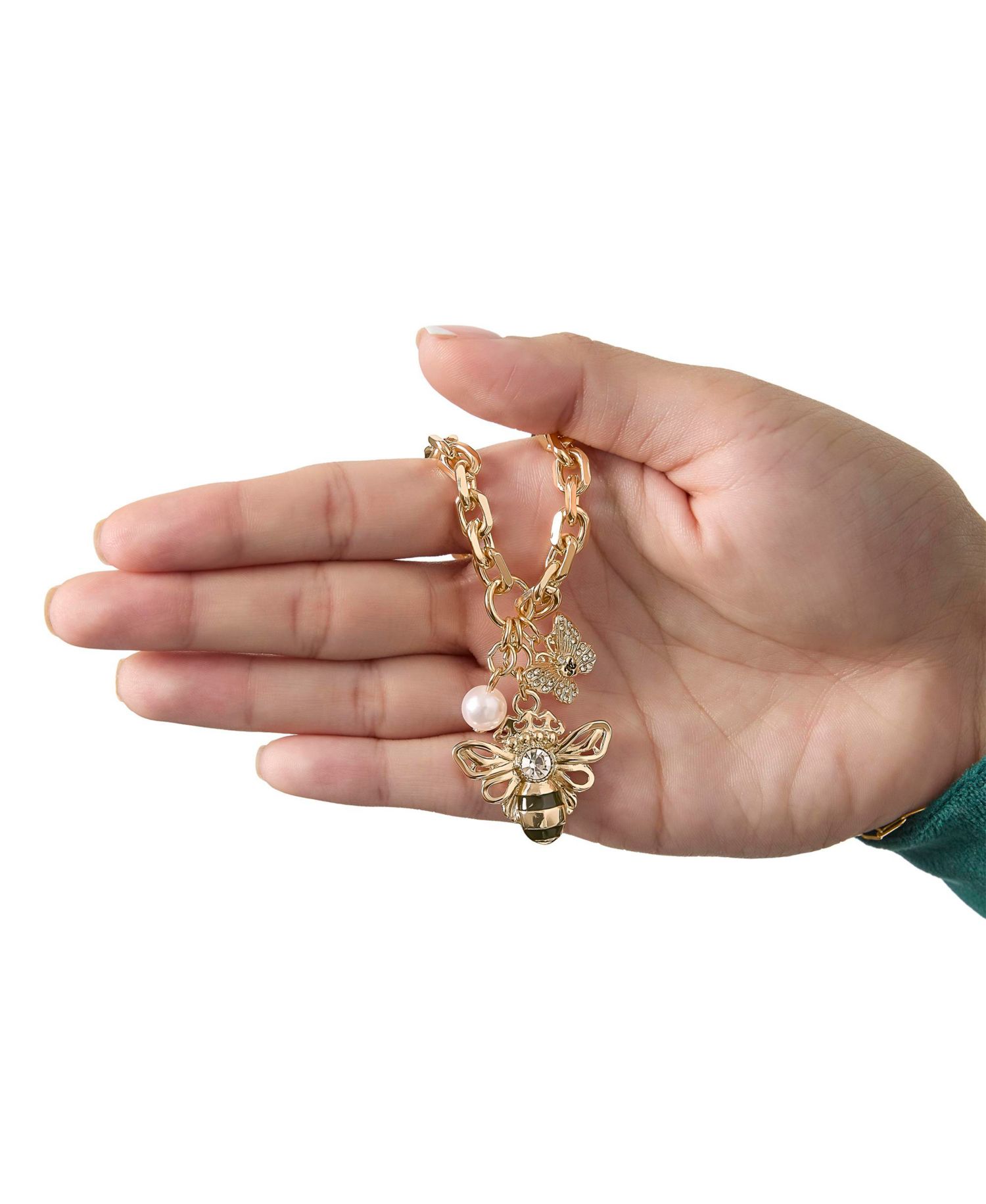 Charm Cluster Bee Necklace, Gold Tone with Crystal Butterfly and Pearl Accents