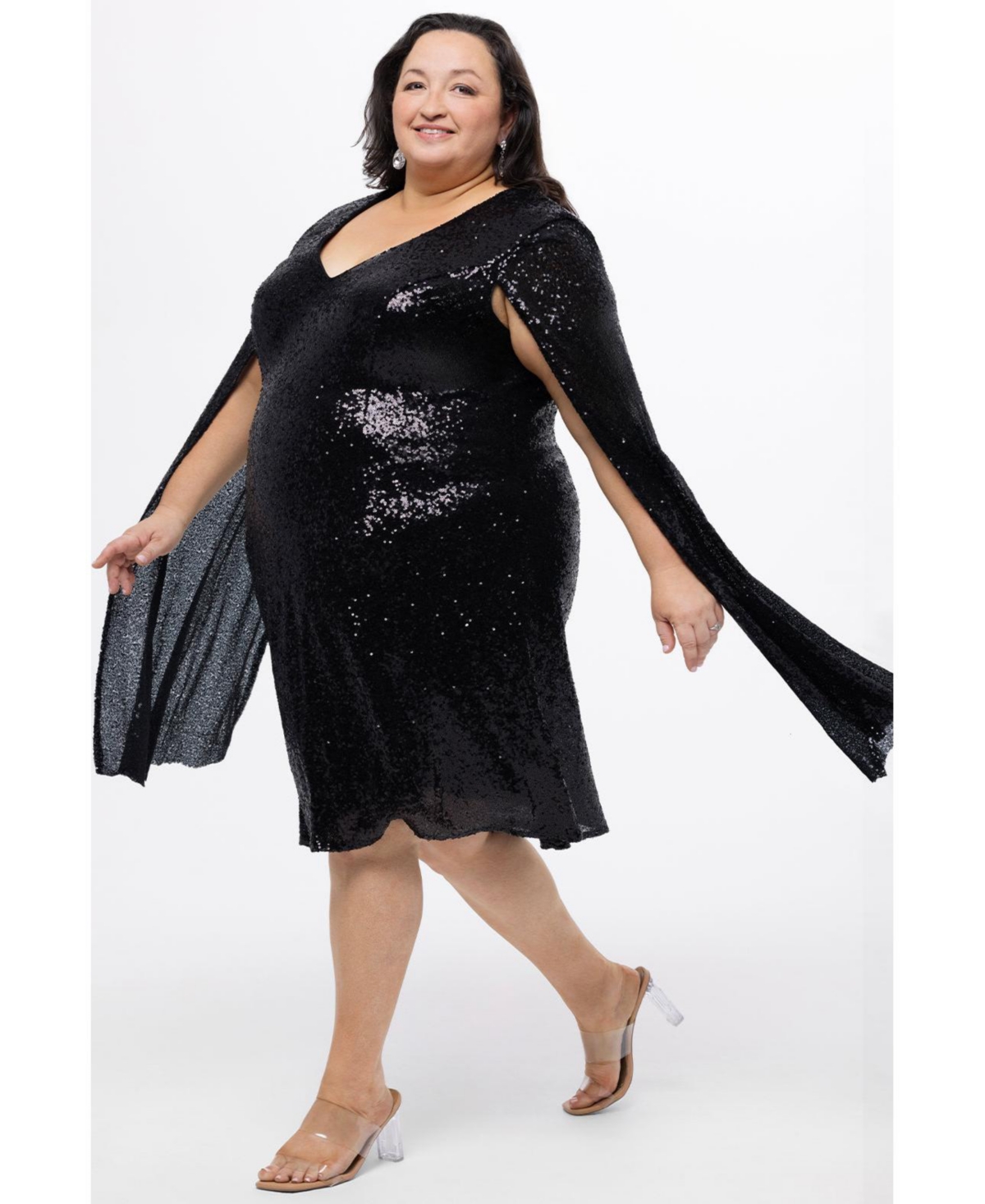 Celebrations by Sydney's Closet Women's Sequin V-Neck Cape Sleeve Party Dress