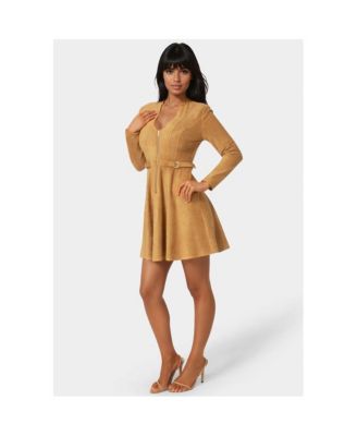 Women's Fit and Flare Long Sleeve Suede Mini Dress