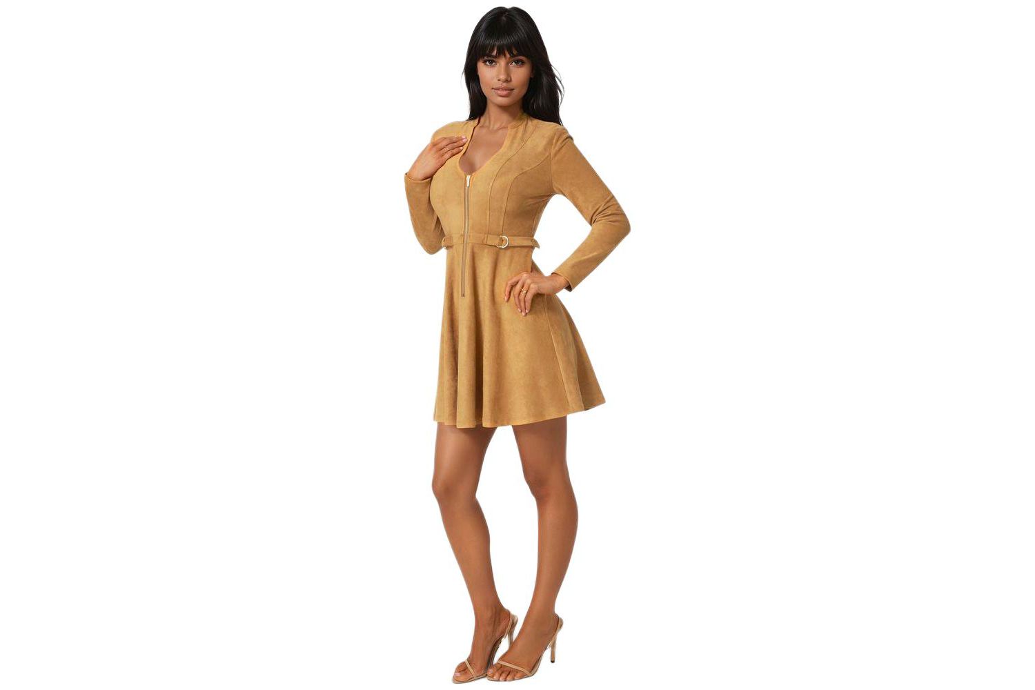 Women's Fit and Flare Long Sleeve Suede Mini Dress