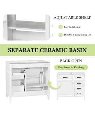 Bathroom Vanity with Ceramic Sink Solid Wood Frame and Flip Drawer