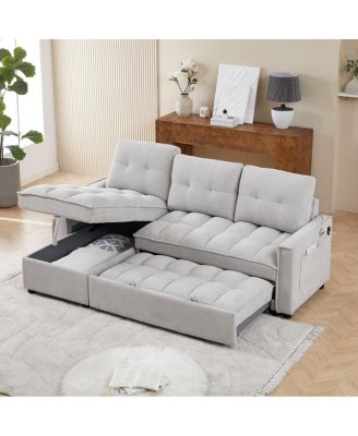 3-Seat Chenille Pull-Out Sofa Bed with Reclining Chaise, USB & Type-C Ports and Side Storage Pocket for Living Room or Office