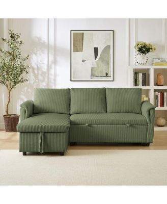 77.25" L-Shaped Corduroy Pull Out Sofa Bed with Chaise Storage, Tufted Modular Sleeper Couch Loveseat with Adjustable Back