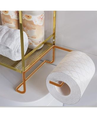 2-Tier Toilet Shelf w/ Paper Holder & Hooks, Metal Bathroom Organizer, Gold, 14.1"x6.3"x10.6"