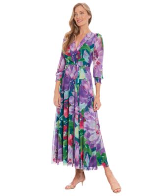 Women's Shirred Surplice Twist Bishop-Sleeve Maxi Dress
