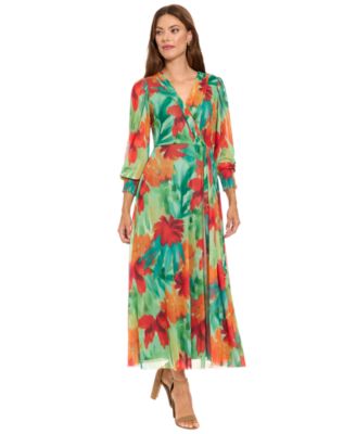 Women's Shirred Surplice Bishop-Sleeve Maxi Dress