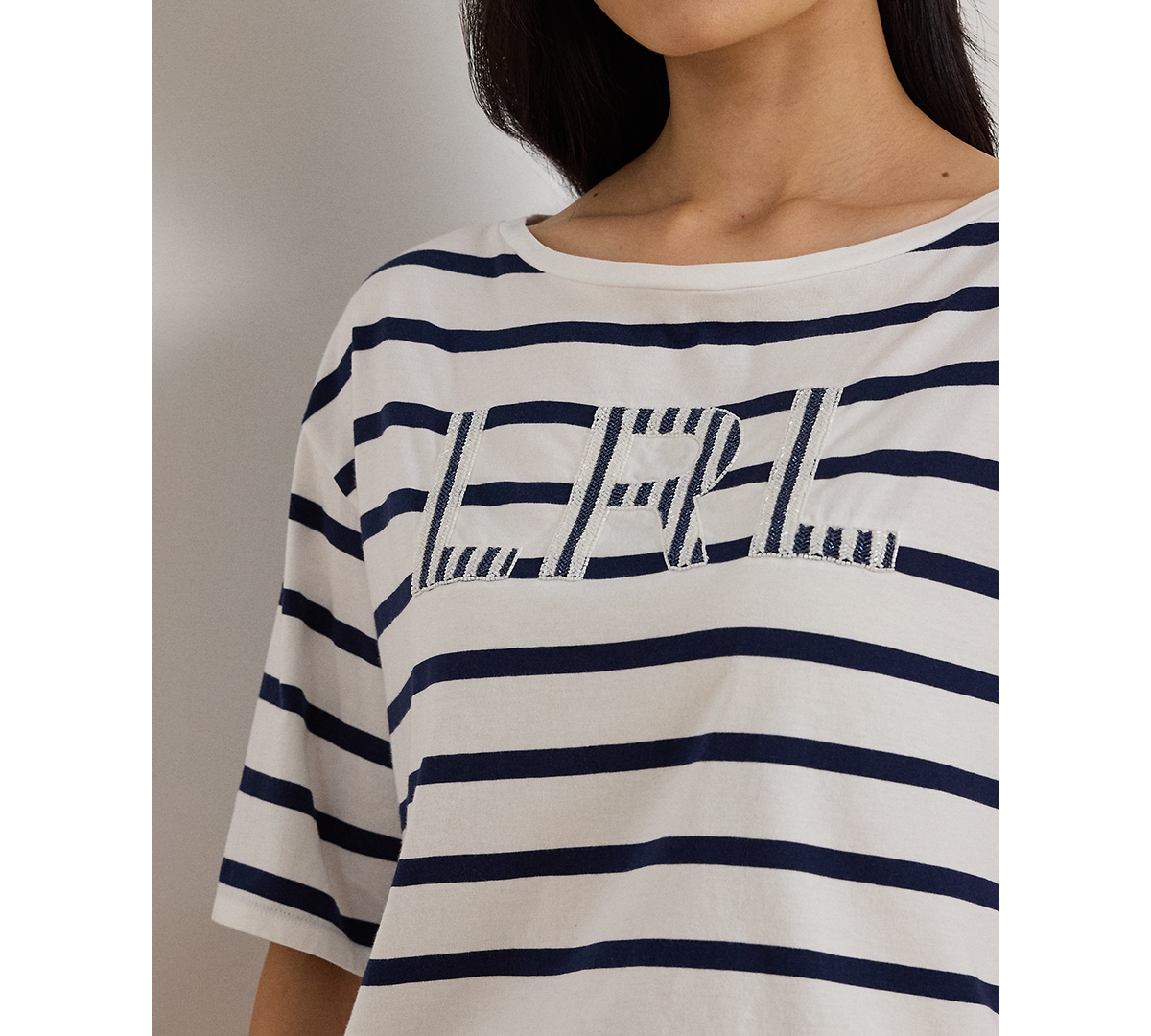 Lauren Ralph Petite Striped Beaded-Logo T-Shirt