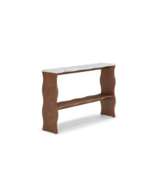  Whisper of Waves Modern Console Table w/ White Marble-Pattern Top, Walnut Brown