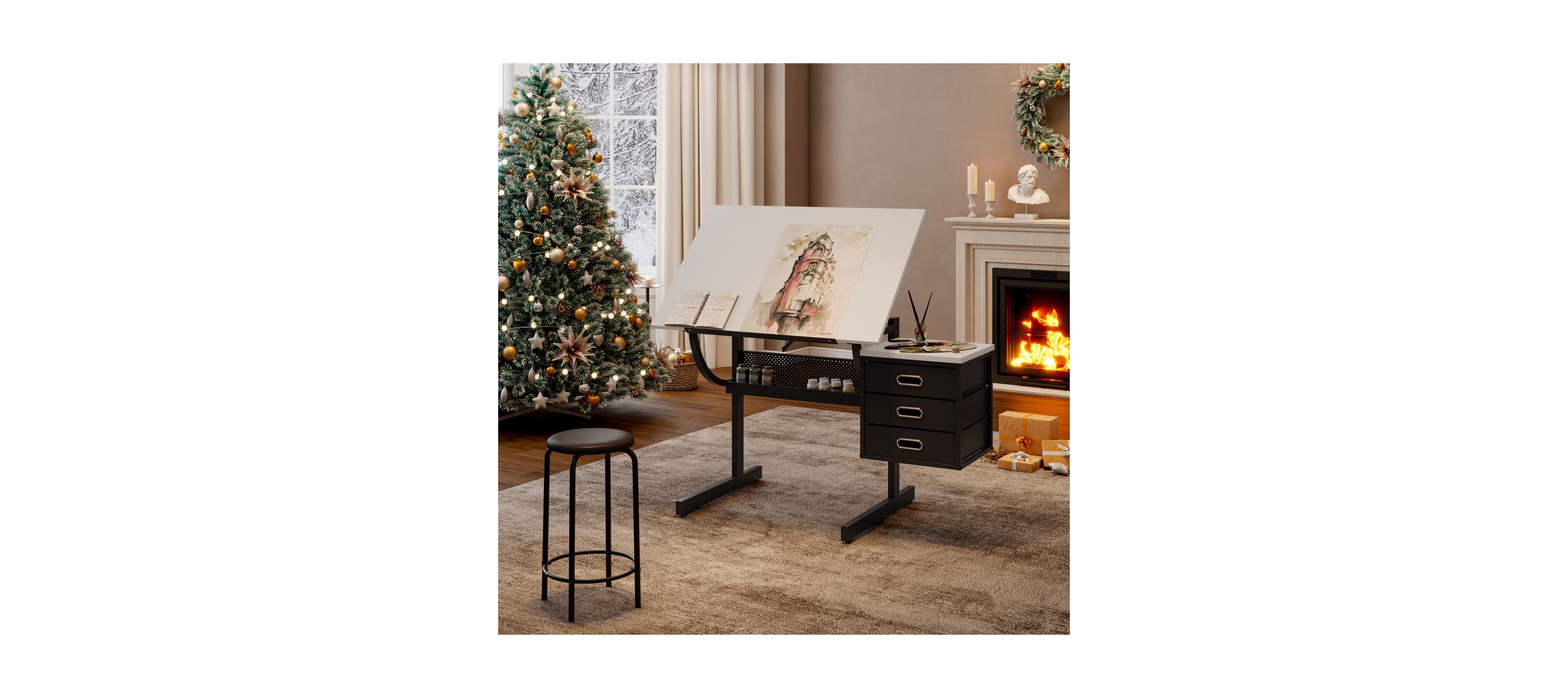 Streamdale White Adjustable Drafting Drawing Table with Stool and 3 Drawers