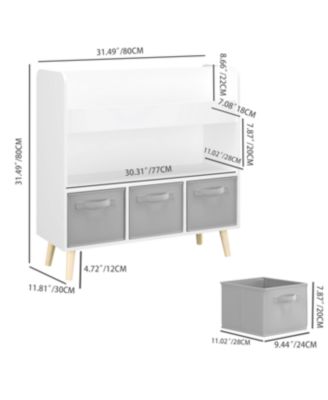 Streamdale Kids Bookshelf with 3 Fabric Bins - White & Gray
