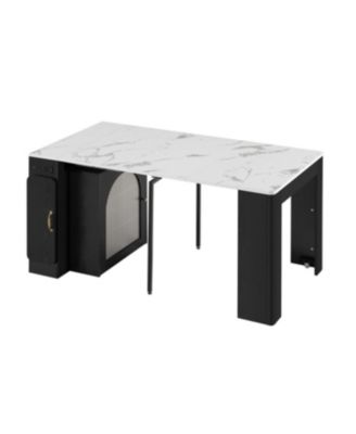 Extendable Dining Table with 3 Leaves & Rolling Island (Black/Marble White)