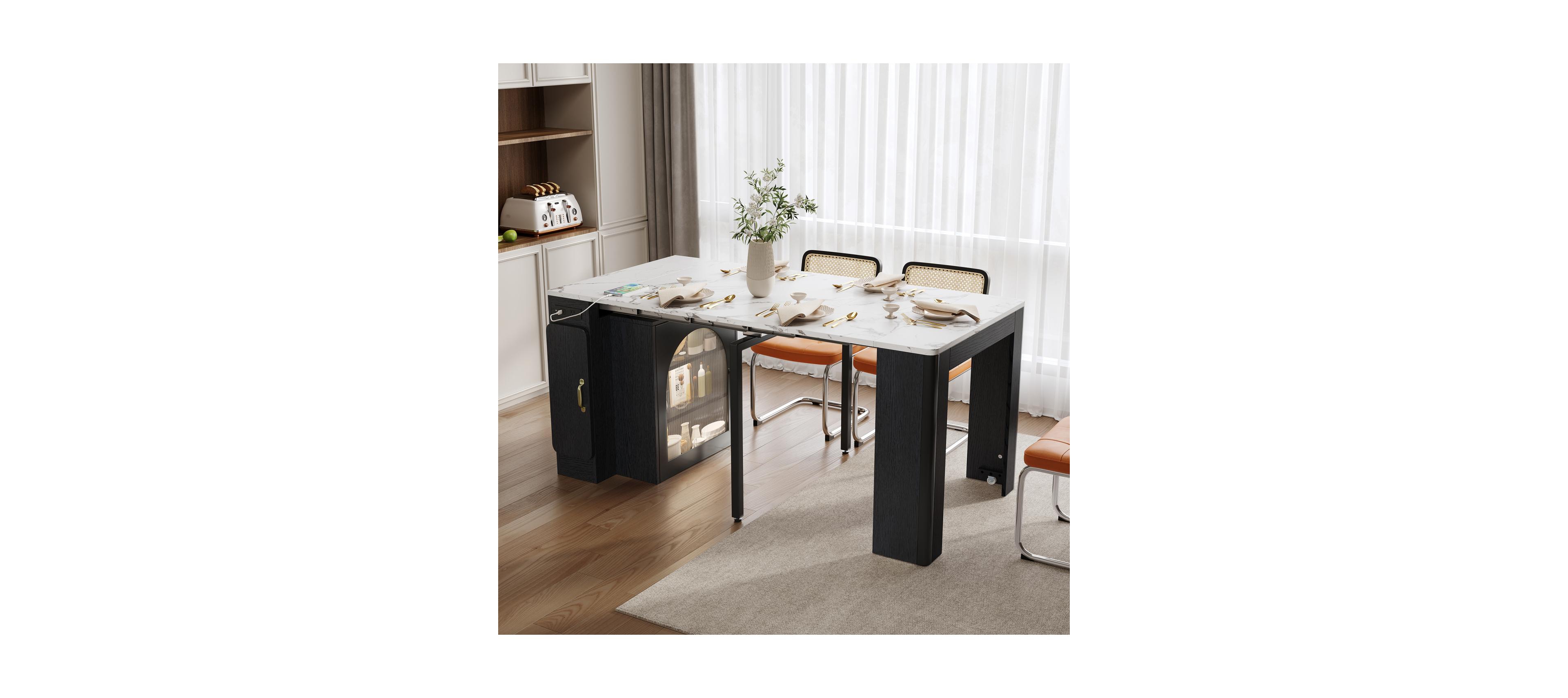 Streamdale Furniture Extendable Dining Table with 3 Leaves & Rolling Island (Black/Marble White)