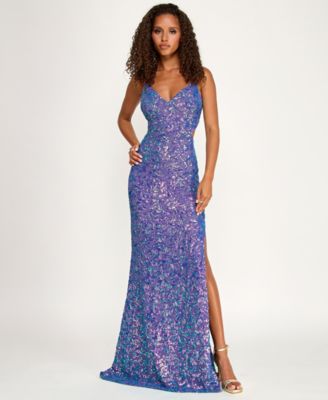 Juniors' Sequin Slit V-Neck Gown