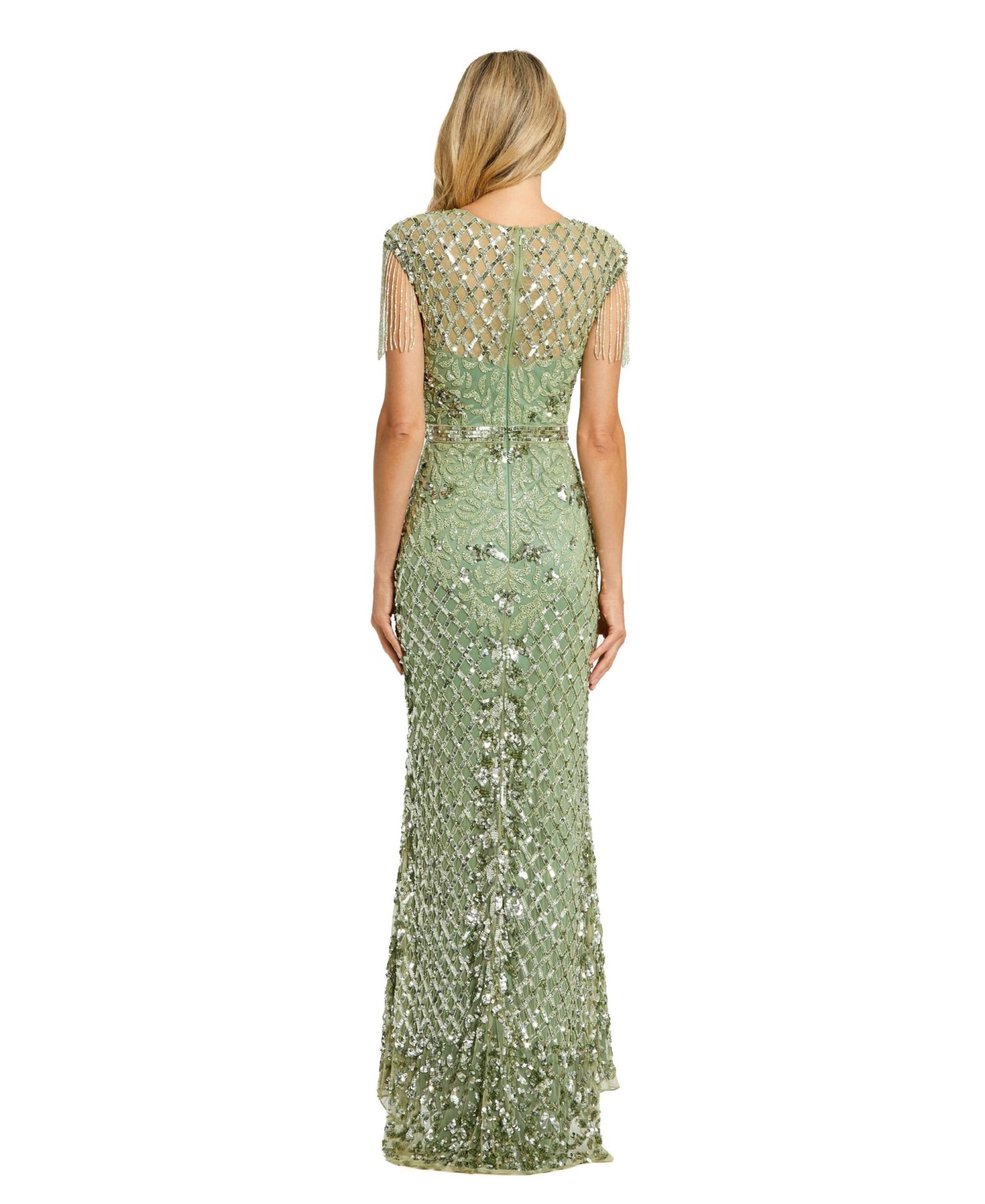 Women's High Neck Sleeveless Beaded Fringe Fitted Gown