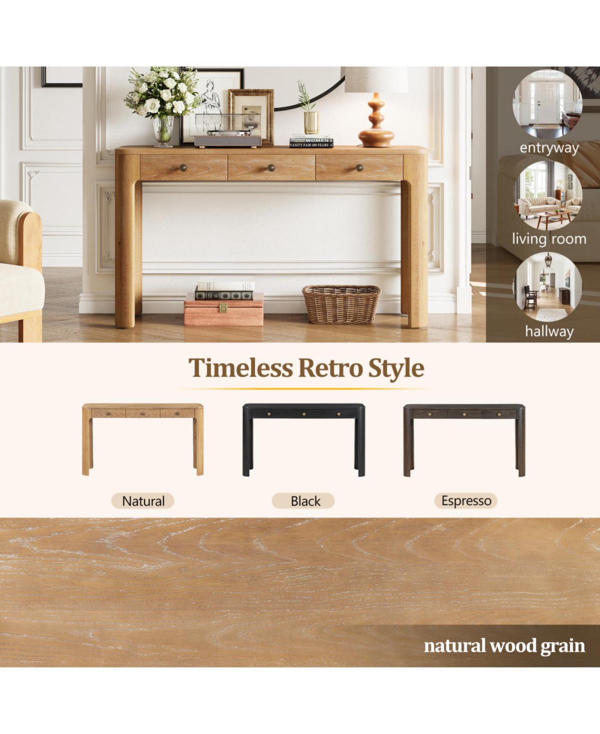 Streamdale Furniture Streamdale Rustic Console Table with Curved Corners, 3 Drawers