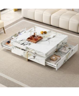 Modern Marble Coffee Table with 4 Drawers, White, 43.3