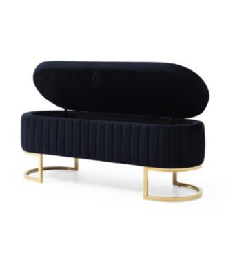 Streamdale Velvet Oval Upholstered Storage Bench with Golden Metal Legs, Black