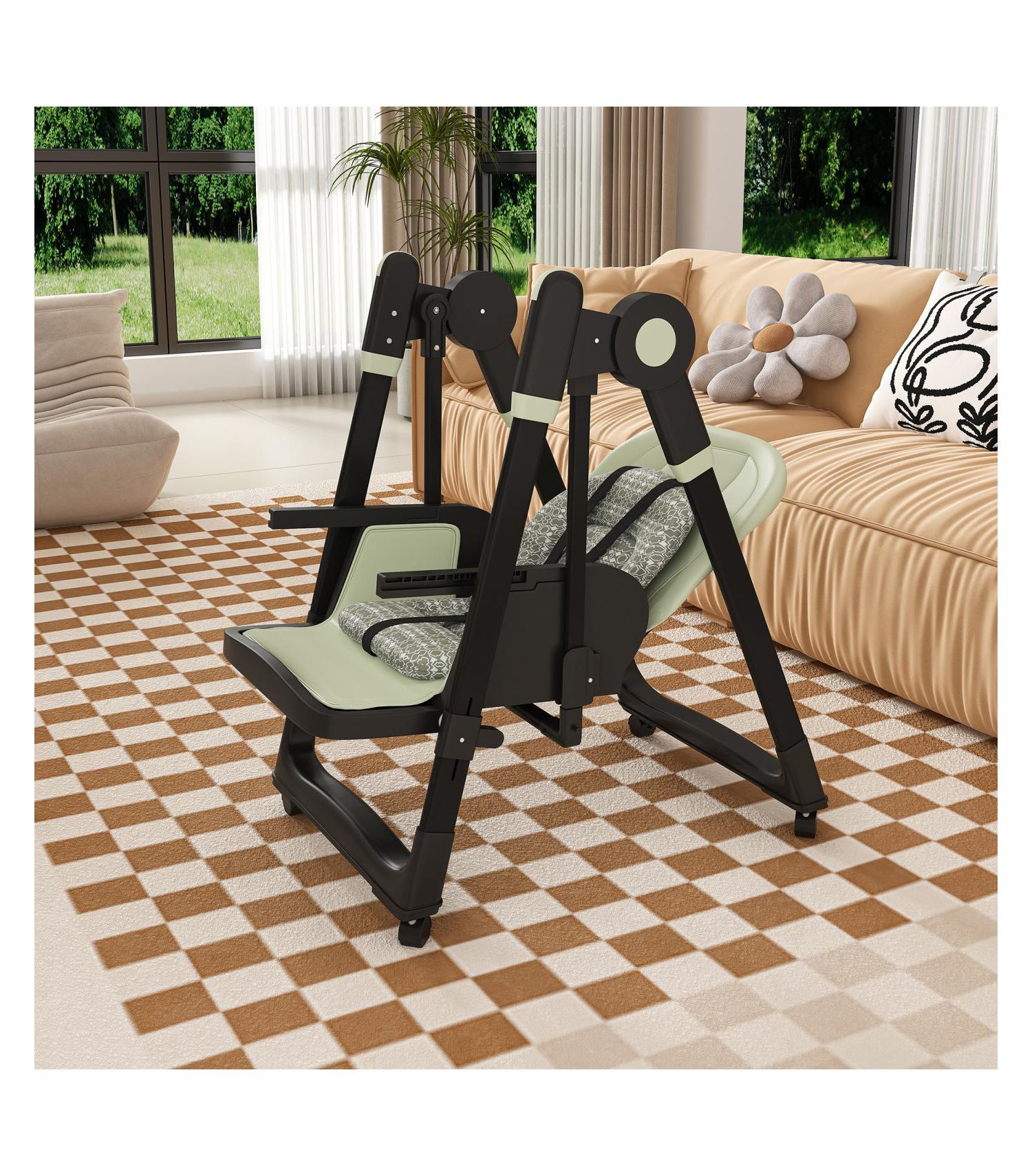 Convertible Baby High Chair to Rocker with 5-Point Harness (Dark Green