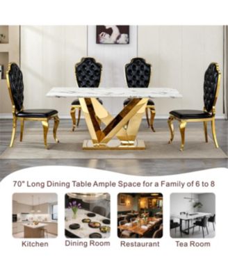  Marble Dining Table for 6, 70" Faux Marble Rectangle Table with Gold Stainless Steel Base