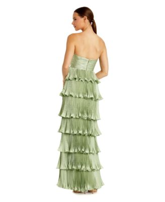 Women's Pleated Charmeuse Strapless Tiered Ruffle Gown