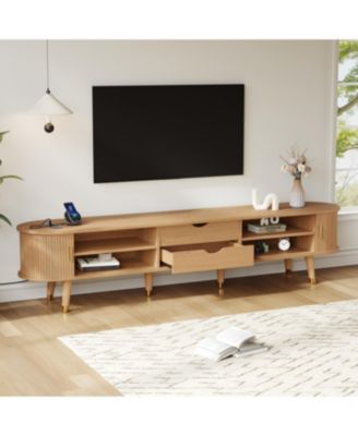 Wooden Oval Fluted TV Stand with Charging Station & Sliding Door (Up to 80