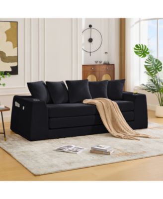 Corduroy Convertible Sofa Bed with 5 Pillows, Black