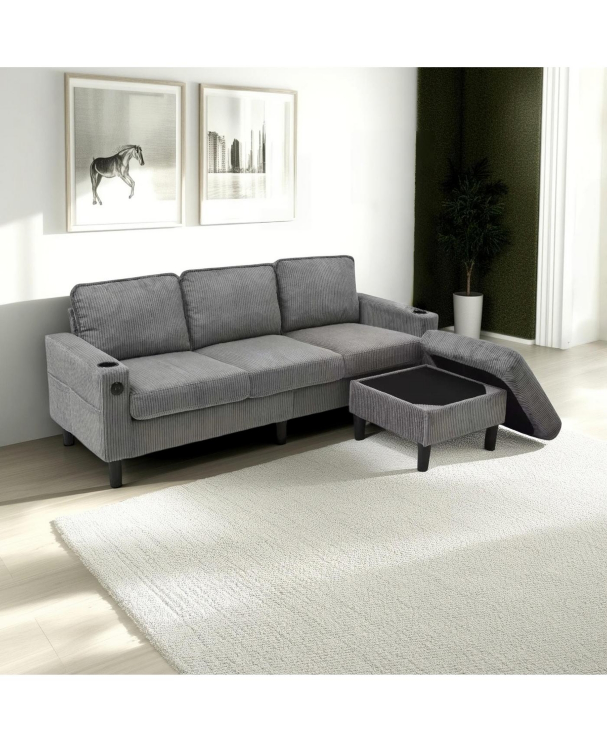 Streamdale Furniture Streamdale Light grey 3-seat combo sofa with storage ottoman, L-shaped sectional couch