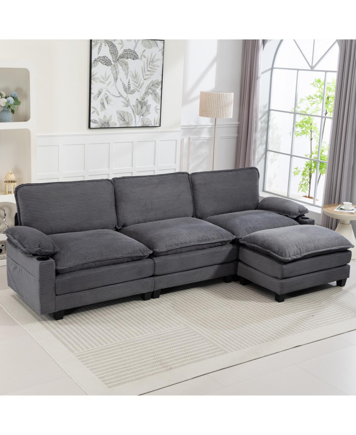 Streamdale FurnitureModern 3+1 L-Shaped Corduroy Sofa with Ottoman, Cloud Couch for Living Room.