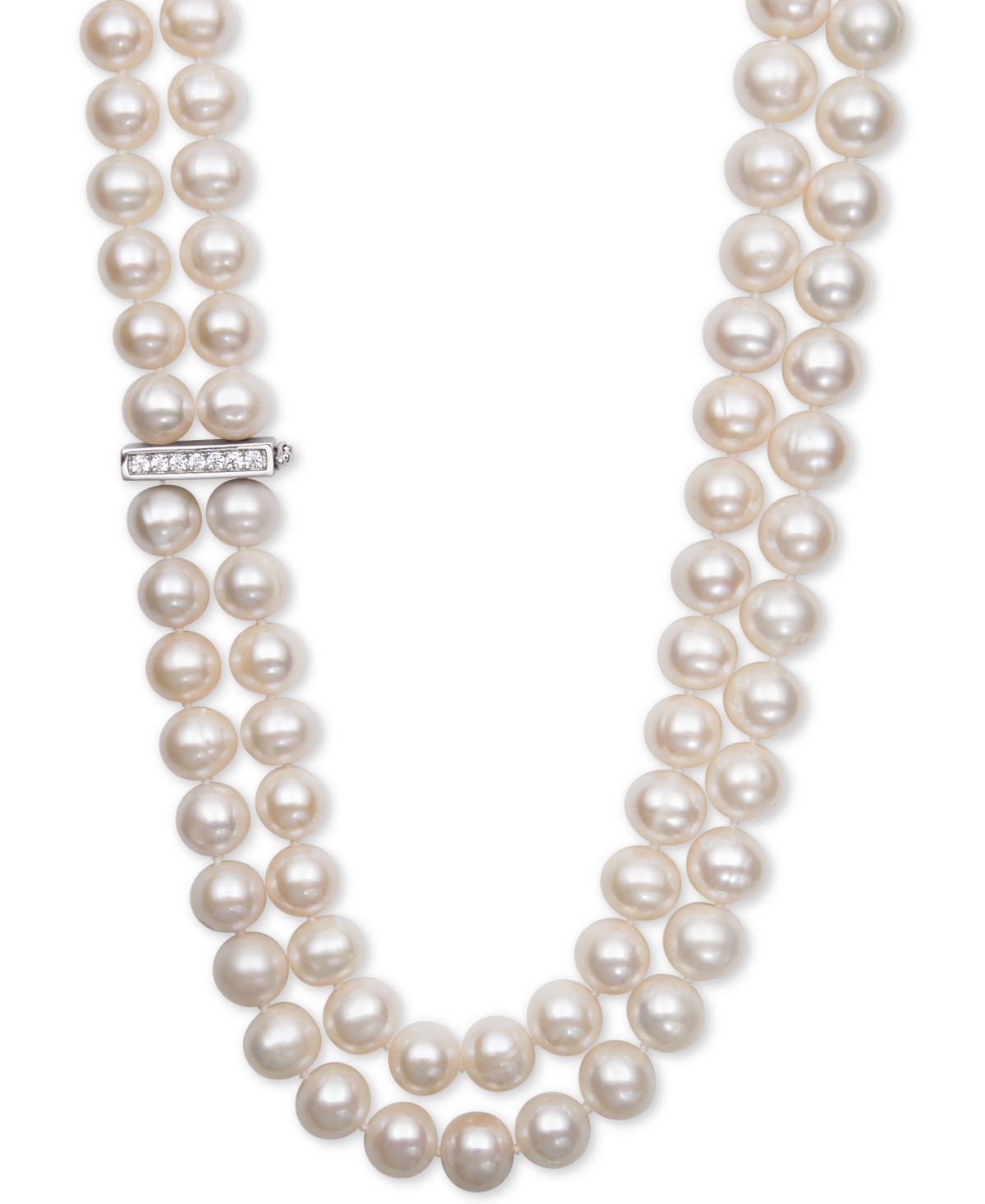 White Cultured Freshwater Pearl (8-1/2mm) and Cubic Zirconia Double Strand Necklace - Silver